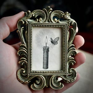 Può includere: Cornice in ottone in stile antico con un design ornato. All'interno, un'illustrazione in bianco e nero di una candela accesa e una falena. La cornice è in ottone e presenta dettagliate volute.