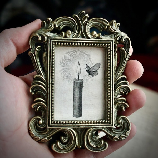 Mini retrato barroco de polilla y vela en marco de estilo vintage: decoración gótica cottagecore, arte dark academia, rareza de inspiración victoriana.