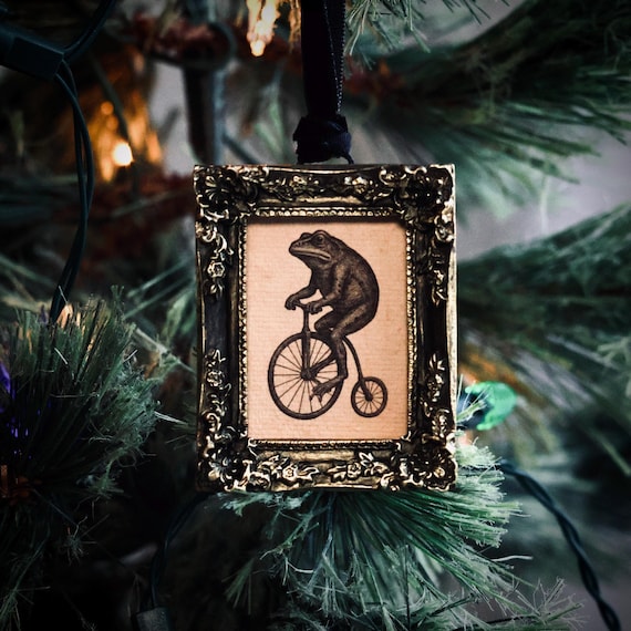 Vintage Style Frog on Bicycle Ornament in Baroque Frame | Unique Christmas Decoration | Whimsical Gothic Holiday Gift | Creepmas & Gothmas