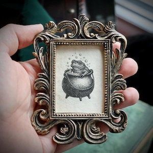 May include: A small, ornate, antique gold-colored frame with a black and white illustration of a frog in a cauldron. The frog is surrounded by bubbles. The frame has a detailed, scrollwork design.
