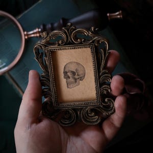 Baroque Skull Mini Portrait in Vintage Style Frame – Gothic Cottagecore Decor, Dark Academia Artwork, Victorian Inspired Oddity