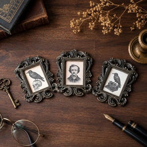 BUNDLE // Edgar Allan Poe Mini Picture Frame Set, Gothic Baroque Frames, Raven & Skull Decor, Dark Academia Gallery Wall Art, Poe Gift