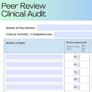 Può includere: Un documento intitolato "Peer Review Clinical Audit" con campi per il nome del professionista e l'attività clinica. Il modulo include sezioni per azioni o compiti, stato di osservazione e note. Sono disponibili menu a tendina.