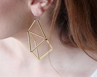 Gold Statement Earrings- Geometric 3d Faceted Contemporary Glass Himmeli Earrings