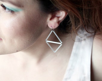 White Geometric Earrings- Rhombus Transparent Glass Dangle Earrings