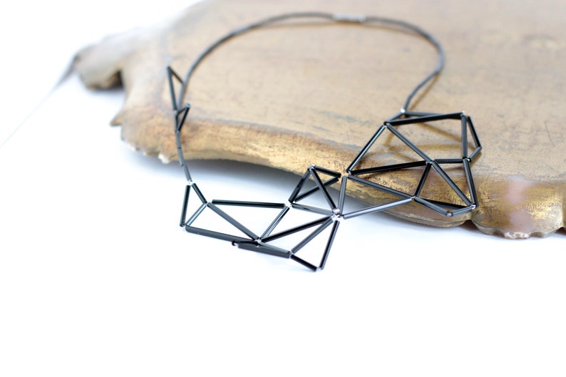 Geometric Statement Necklace Faceted Prism Triangle necklace Black minimalist necklace image 3