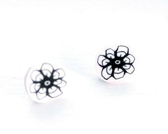 Contemporary Post Earrings- Delicate White with Black Flowers- Hypoallergenic earrings