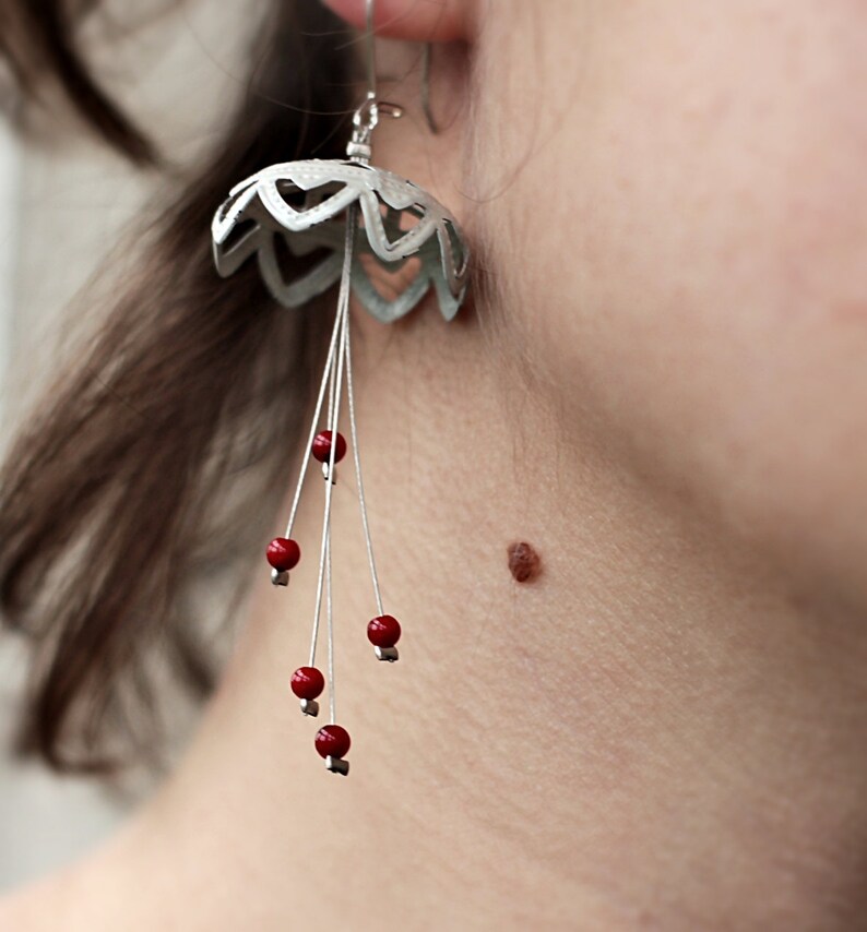 White Red Earrings, Delicate Dangle Earrings, Statement Earrings, Beaded Chandelier Earrings, Long Earrings, Jelly Fish Earrings image 5
