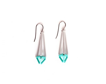 Faceted earrings- White-turquoise Himmeli earrings- Geometric 3d form- minimalist prism