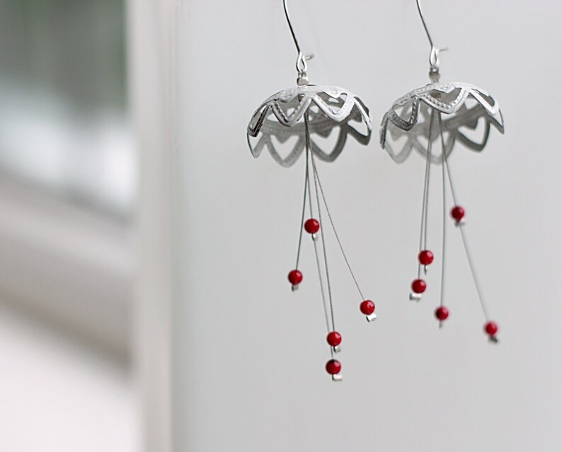 White Red Earrings, Delicate Dangle Earrings, Statement Earrings, Beaded Chandelier Earrings, Long Earrings, Jelly Fish Earrings image 3