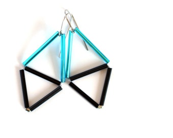 Triangle Earrings- Geometric Himmeli inspired - Minimalist glass earrings-Sky blue black