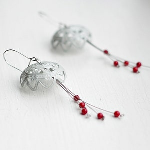 White Red Earrings, Delicate Dangle Earrings, Statement Earrings, Beaded Chandelier Earrings, Long Earrings, Jelly Fish Earrings image 2