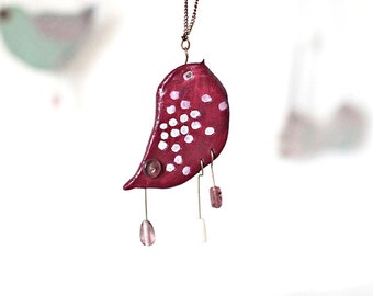 Bird pendant necklace- Plum- Handsculpted jewelry