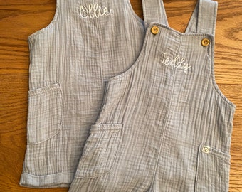 Custom Hand Embroidered Toddler and Baby Name Shortalls | Personalized Name Overalls | Embroidered Name Overalls | Sizes NB-5T