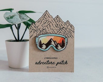 Parche bordado de gafas de esquí / Hierro de aventura en parche / Parche de mochila / Montaña / Regalo de snowboard