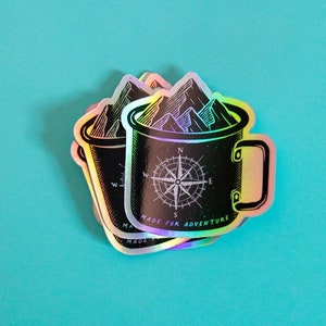 Made for Adventure Camping Mug Holographic Sticker / Mountain vinyl decal bumper sticker / Van Sticker / Water Bottle Sticker