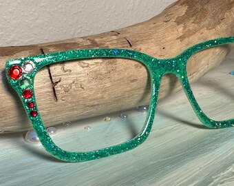 Merry and Bright Custom Magnetic Glasses Topper - Pair Eyewear compatible- All Frame Styles -  Green Glitter Holiday Theme