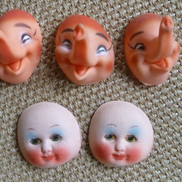 5 Vintage Toy Faces - Rubber Elephants & Cloth Dolls - unused
