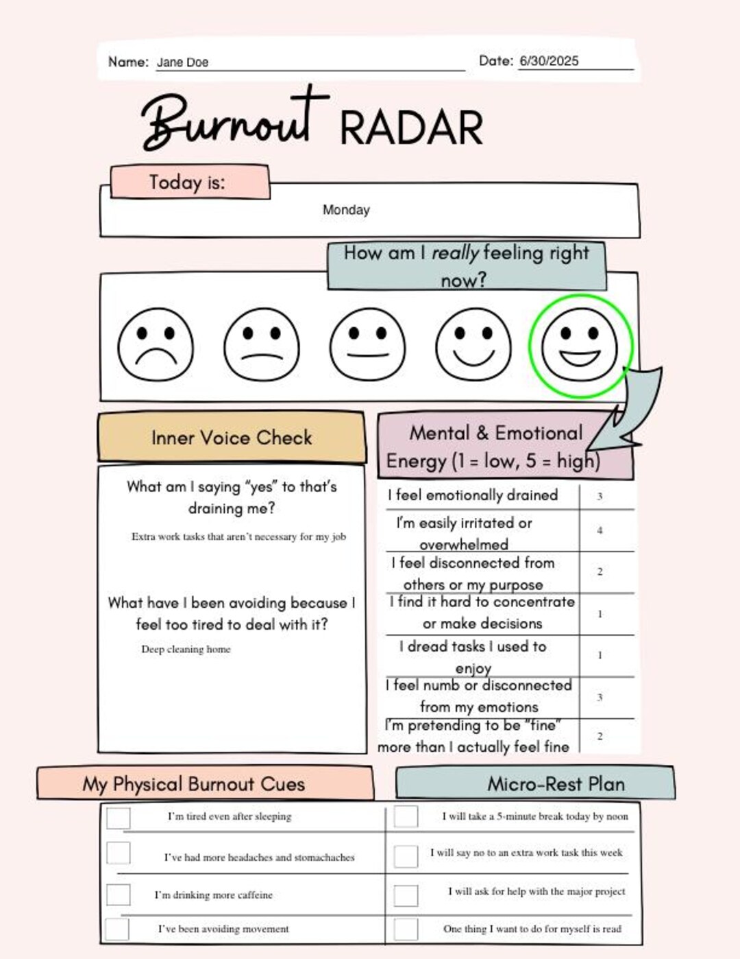 Burnout Radar Worksheet - Etsy