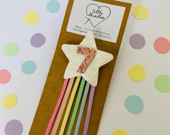 Personalised Birthday Number Pastel Rainbow Shooting Star Glitter Pin Badge. Kids, 18th, 21st, 30th, 40th, 50th, 60th, 70th, 80th, 90th