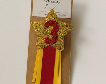 Zog Style Golden Star Pin Badge and Cake Topper - Personalised Birthday Number. World Book Day, Fancy Dress
