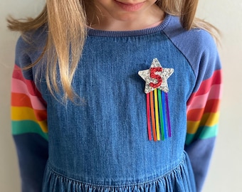 Personalised Birthday Number Rainbow Shooting Star Glitter Pin Badge. Kids, 16th, 18th, 21st, 30th, 40th, 50th, 60th, 70th, 80th, 90th