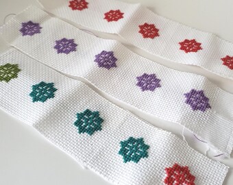 Hand Embroidered Needlepoint Medallion Strips | Cotton Cross Stitch Trim (3-Piece Lot)