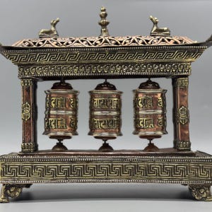 8 inches Handmade Tibetan Prayer Wheel Set – Brass & Copper 3-Wheel Shrine with Om Mani Mantra – Spiritual Buddhist Home Decor from Nepal