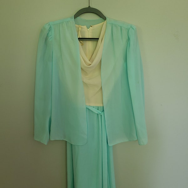 Vintage 60 Womens Noel Sophisticates New York Dress Cream Cowl Neck Top Aqua Blue Knee Length Skirt Belt Sheer Long Sleeve Jacket Size Small