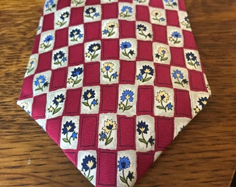 Vintage LIBERTY of LONDON 100% Italiaanse zijde rood blauw gele bloemen stropdas vierkanten VS