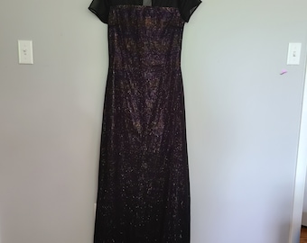 Vintage 80s Women's Reggio Floor Length Dress Colored Pink Metallic Under Black Sheer Overlay Sheer Keyhole Top Size 10 Made in Sri Lanka