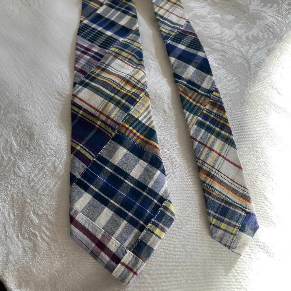 Vintage ROOSTER Tie 100 Cotton Plaid Sewn Design Plaid White Blue