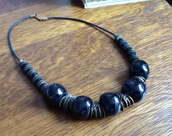 Vintage Black Beaded Necklace on Leather Chain