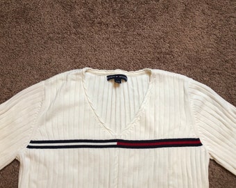 Vintage Tommy Hilfiger Womans Sweater XL white/blue/red 70s-80s Hong Kong Cotton Pullover V-neck Long Sleeve Logo Cableknit