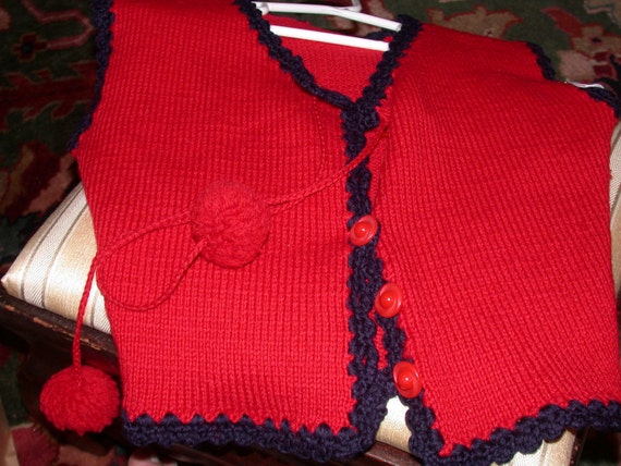 Vintage Little Girl's Red Hand Knitted Vest with … - image 1