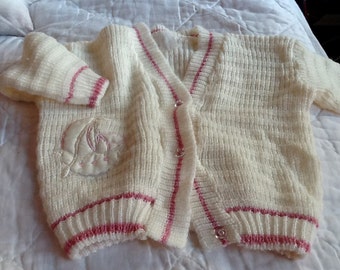 Vintage Little Girl's Knitted Cardigan Sweater With Pink Toddler Girl Pink and White Sweater Sailboat