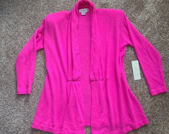 Vintage Woman’s Sweater L Outlander Leslie Fay Hot Pink Cardigan Sweater Lambswool Angora