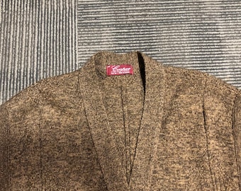 Vintage 60s Cooper Men’s Cardigan Sweater L Brown Canada Acrylic Solid Button Up Pockets Sleeveless Deep V