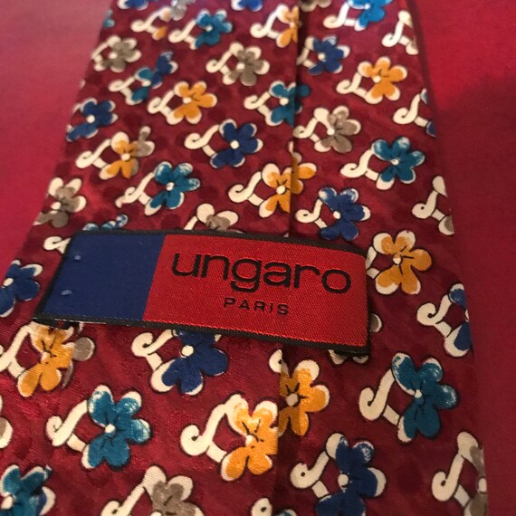Vintage UNGARO Paris 100% Silk Tie Floral Red Blu… - image 2