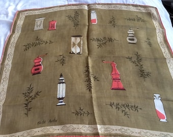 Vintage FAITH AUSTIN Hankerchief Faith Austin Hankie Cotton Apothocary Theme Tan and Pink