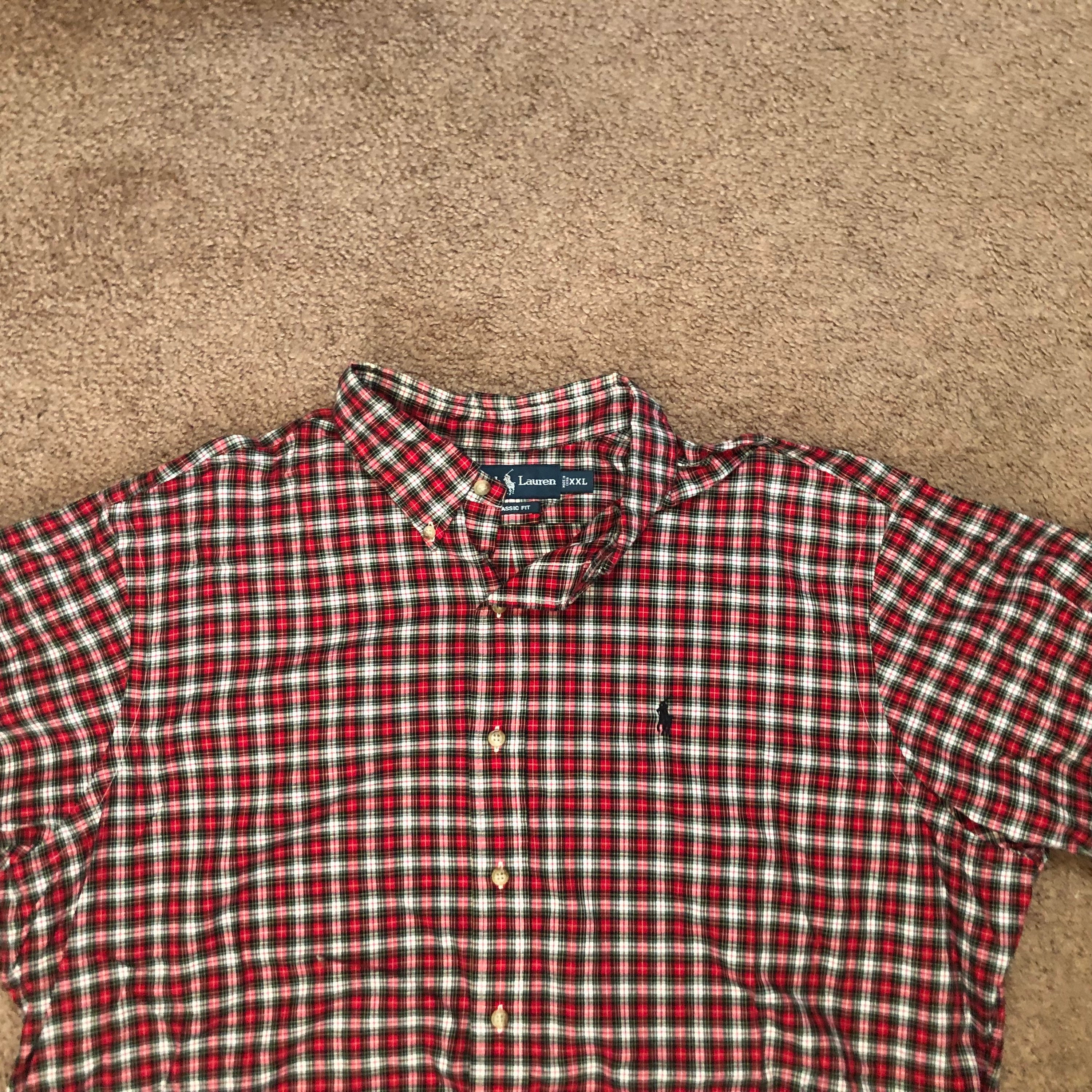 Vintage Ralph Lauren Men’s Button Down Shirt XXL Red White Green Cotton Plaid Classic Fit Logo Embroidered