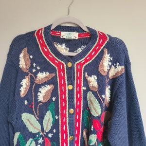 Vintage 80s Womens Orvis Button Up Cardigan Sweater Nature/Floral Design Women's Size Medium Ramie/Cotton Knit image 1