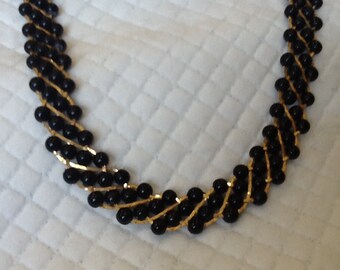 Vintage Black Beaded Necklace With Woven Gold