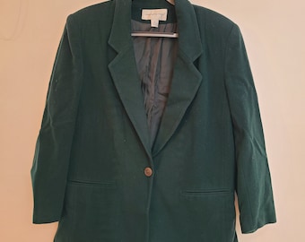 Vintage 80s Women’s Fundamental Things Green Lined Single Button Blazer Size 12 Made in Dominican Republic Cashmere/Nylon/Wool