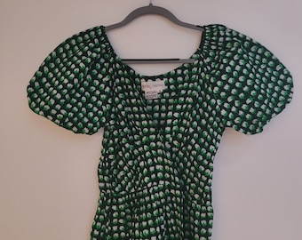 Vintage Women's 80s Stanley Sherman Long Black Green White Floral Cotton Dress Wrap Skirt Elastic Puffy Sleeves Detachable Waist Sash Size 6