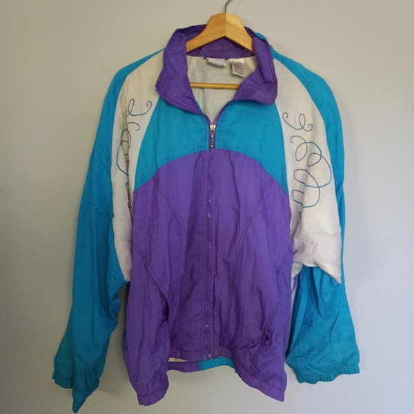 Vintage 90s Women’s Nike Jacket Medium Lightweight Zip Up Purple Teal White Trim Lined Windbreaker Jacket Coat Thailand