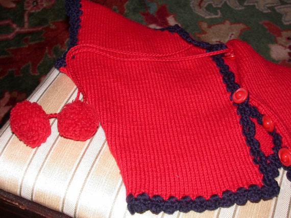 Vintage Little Girl's Red Hand Knitted Vest with … - image 4