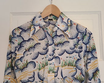 Vintage 60s Women's Kmart Shirt S XS Long Sleeve Button Up Collared Unique Cloud Beach Dunes Seagulls Pattern Polyester Singapore