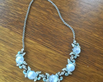 Vintage Choker Made with Rhinestones and Moonstones Blue and Silver