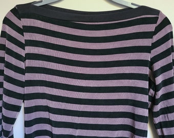 Vintage Women's BCBG Maxazria 3/4 Sleeve Crewneck Stretchy Size Large Black/Taupe Horizonal Stripe Top